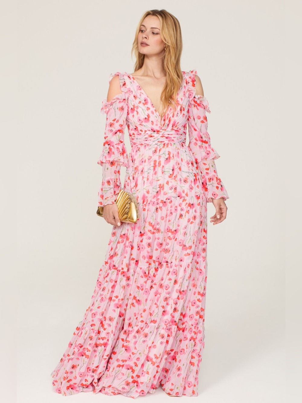 Mac Duggal Floral Ruffle Poppy Gown Women’s Pink Maxi Dress Flutter Formal 6